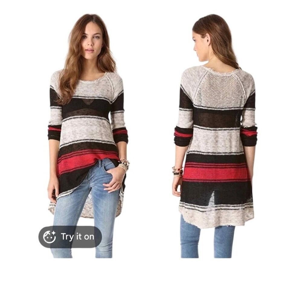 NWT Free people Lightweight black tan red sweater mini dress size large